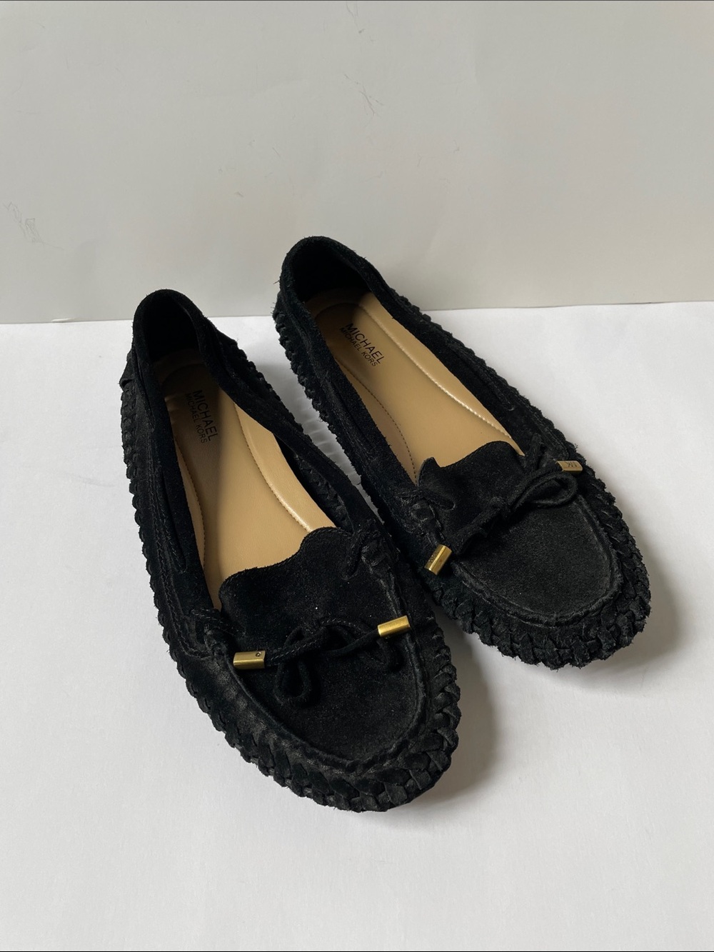 NWOT Michael Kors Black Suede Braided Trim Moccasin Flats. 7.5 M - Picture 1 of 6